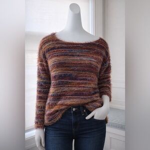 Tribal Fuzzy Striped Scoop Neck Sweater in Rust, Brown & Blue